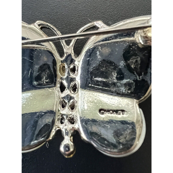 Monet Mother of Pearl Butterfly Brooch Pin Crystal Rhinestones Vintage EUC - Picture 2 of 2
